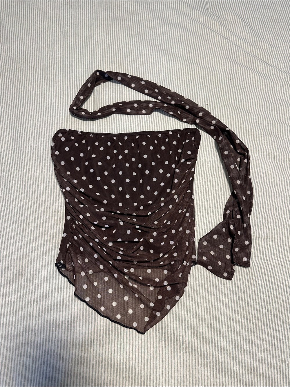 Polka Dot Strapless Scarf Top in Brown and White